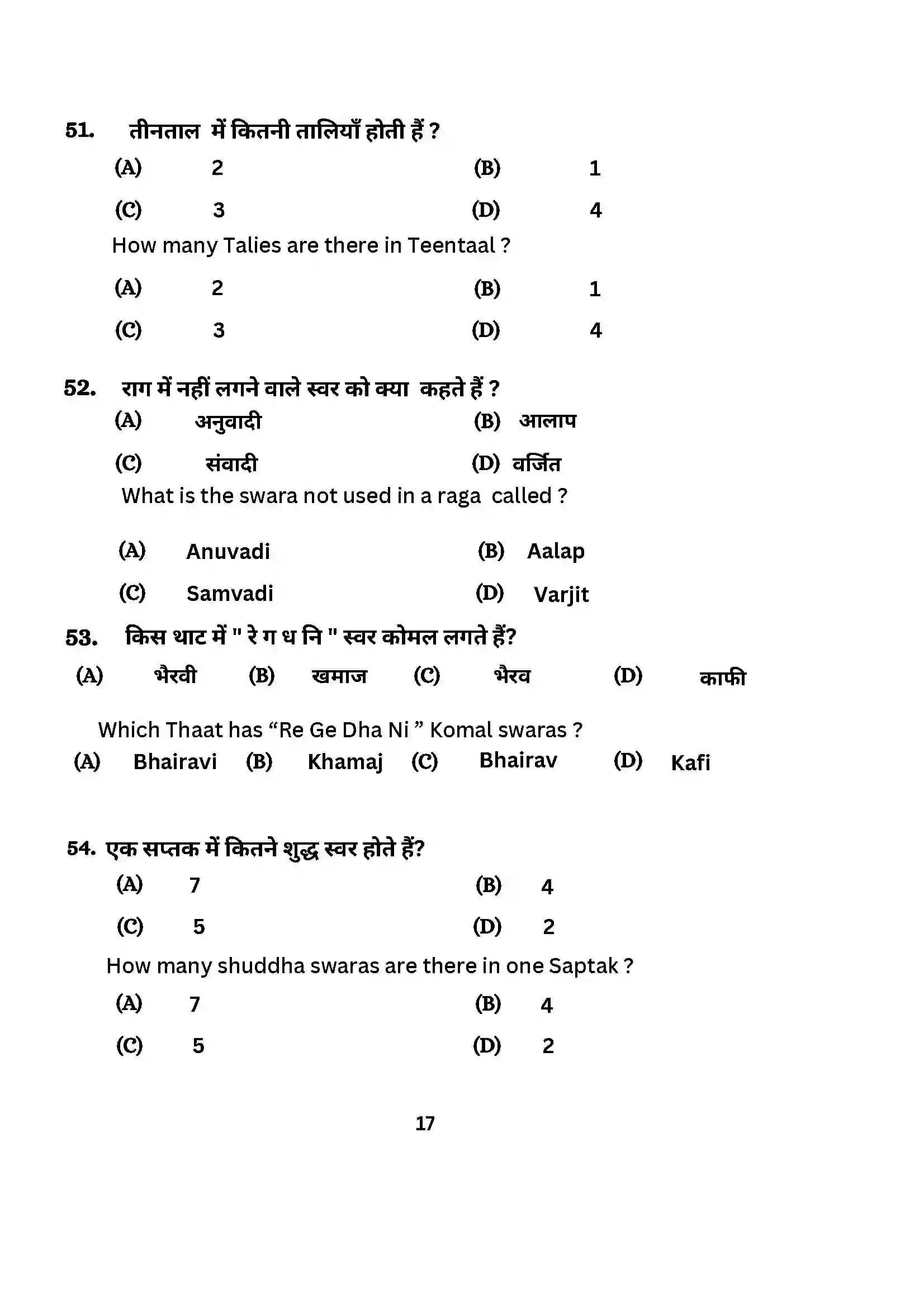 Bihar Board Class 10th 2024 Music (Theory) Sample Paper 17