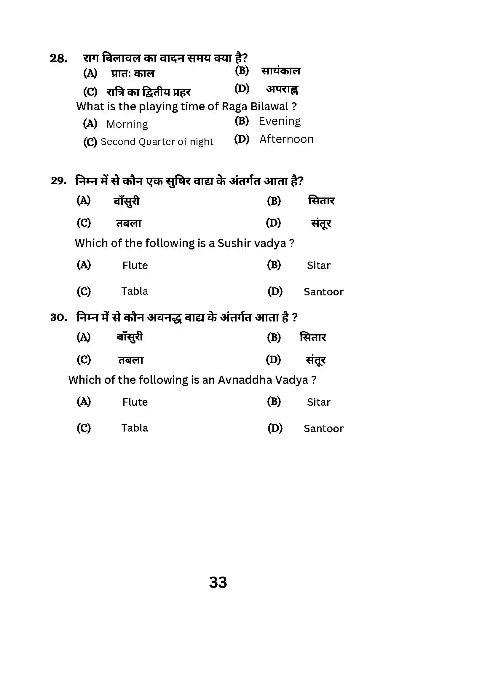 Bihar Board Class 10th 2024 Music (Theory) Sample Paper 33