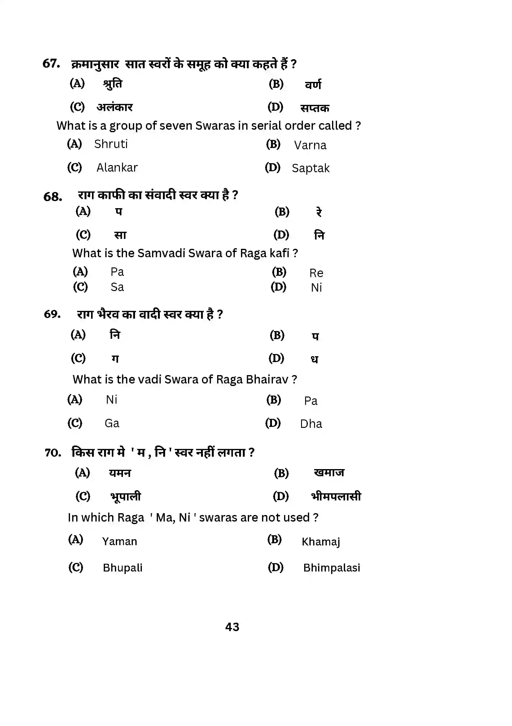 Bihar Board Class 10th 2024 Music (Theory) Sample Paper 43