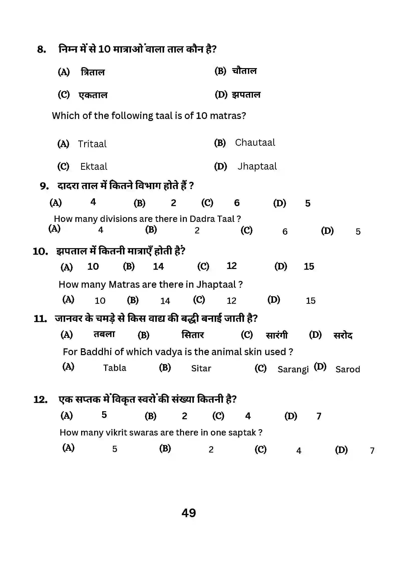 Bihar Board Class 10th 2024 Music (Theory) Sample Paper 49