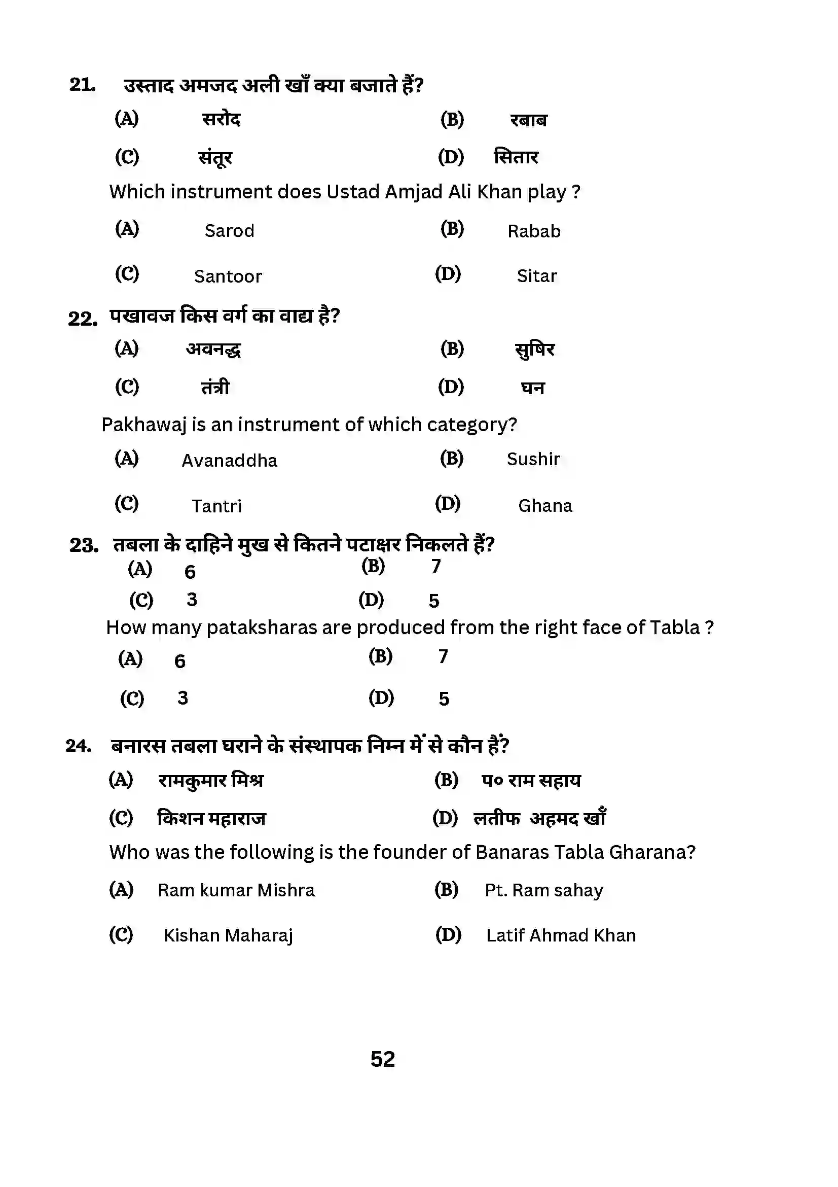 Bihar Board Class 10th 2024 Music (Theory) Sample Paper 52