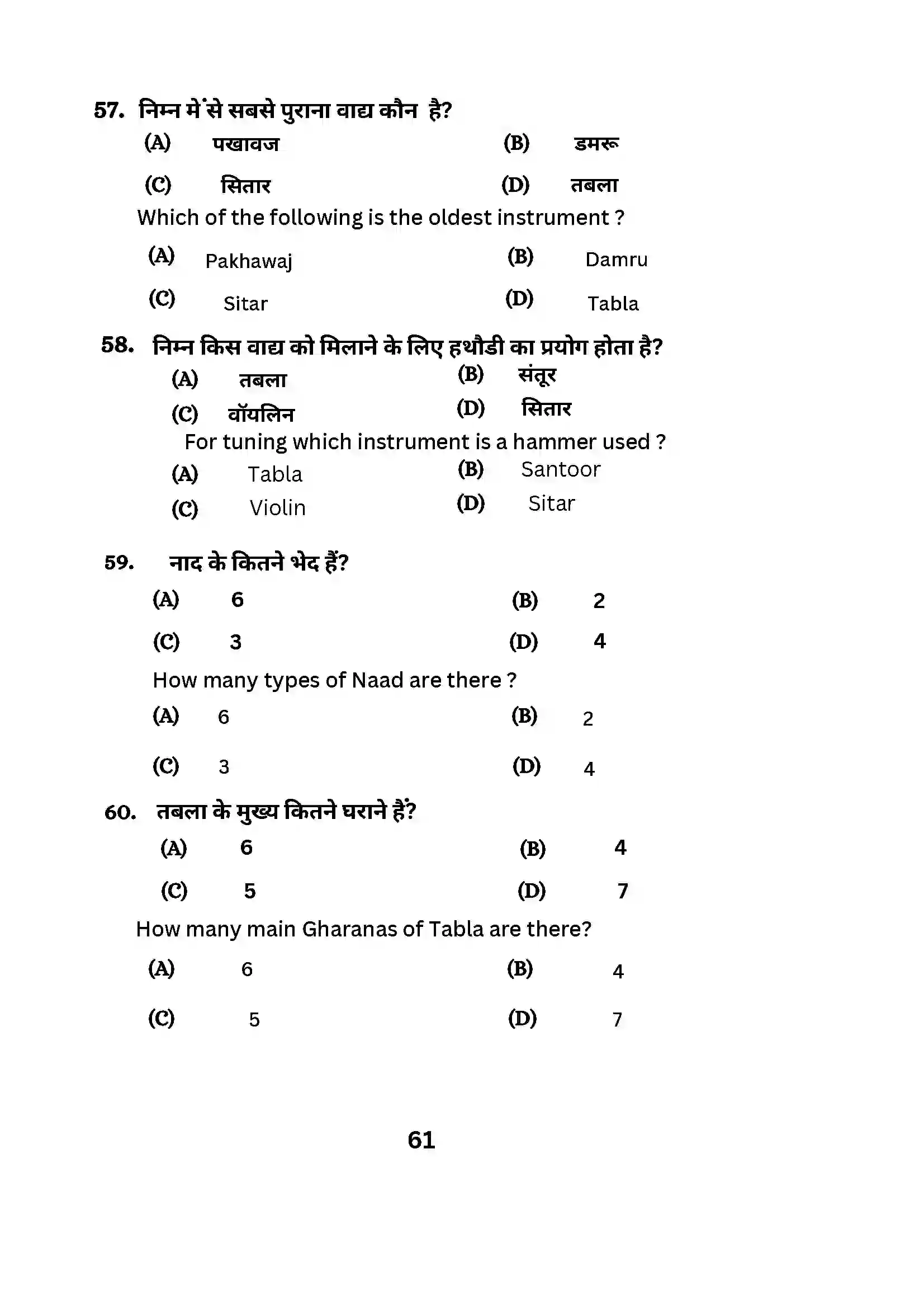 Bihar Board Class 10th 2024 Music (Theory) Sample Paper 61