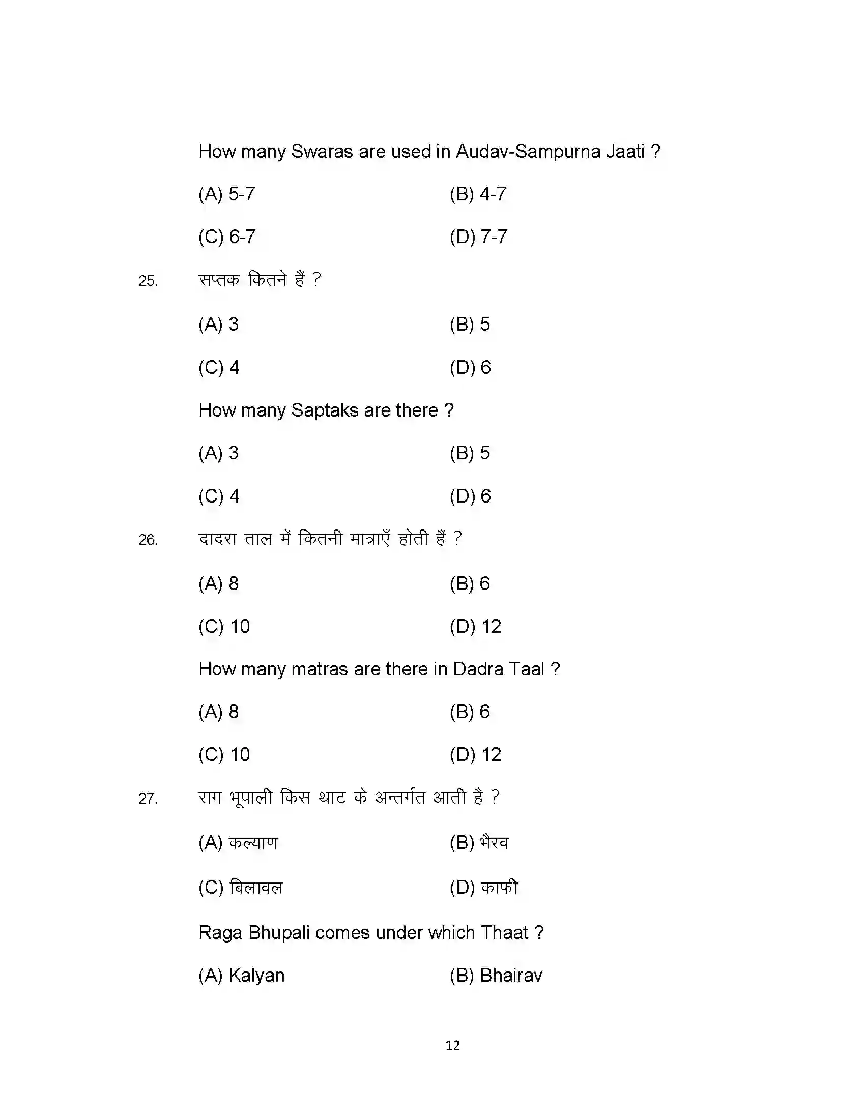 Bihar Board Class 10th 2023 Music Sample Paper 12