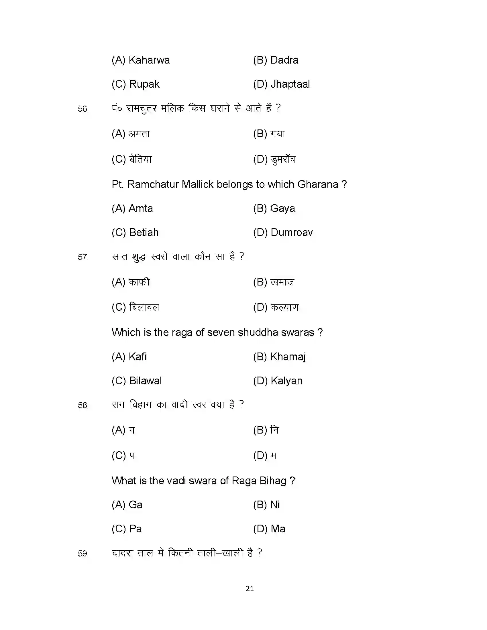 Bihar Board Class 10th 2024 Music Sample Paper 21