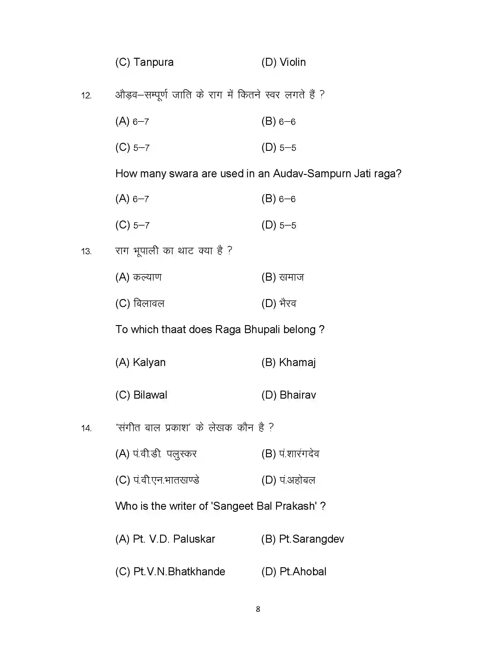 Bihar Board Class 10th 2024 Music Sample Paper 8