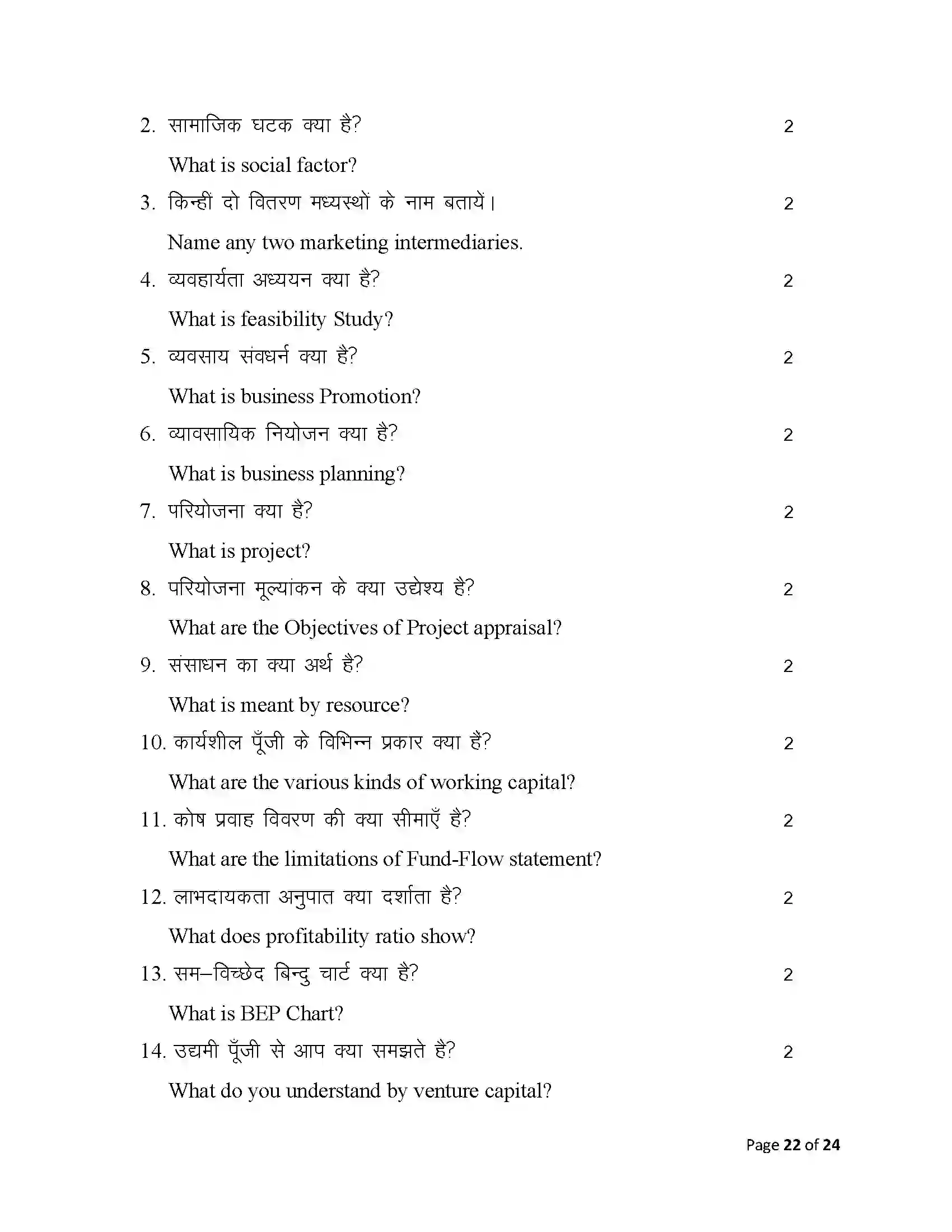 Bihar Board Class 12th 2025 Entrepreneurship Sample Paper 22