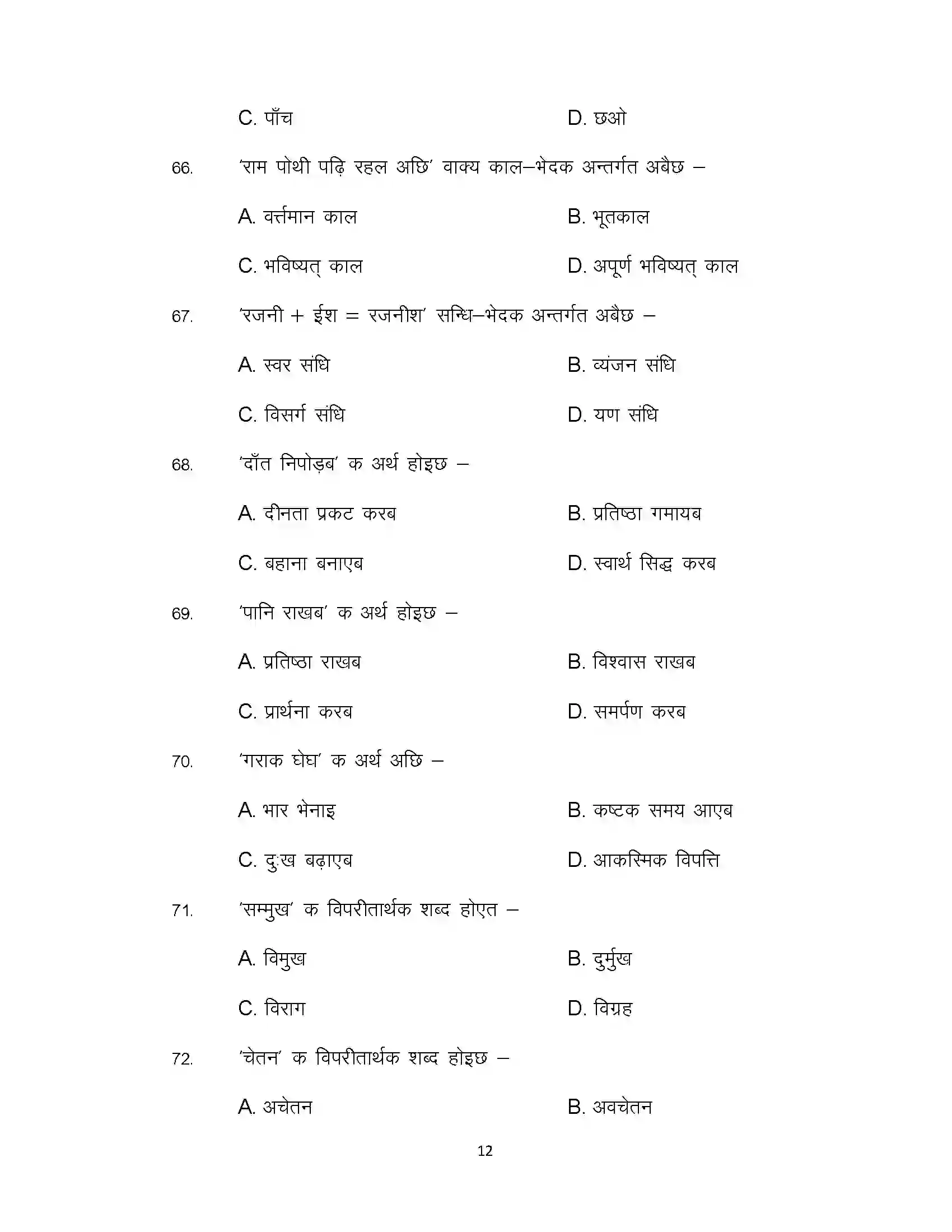 Bihar Board Class 12th 2021 Maithili Sample Paper 12