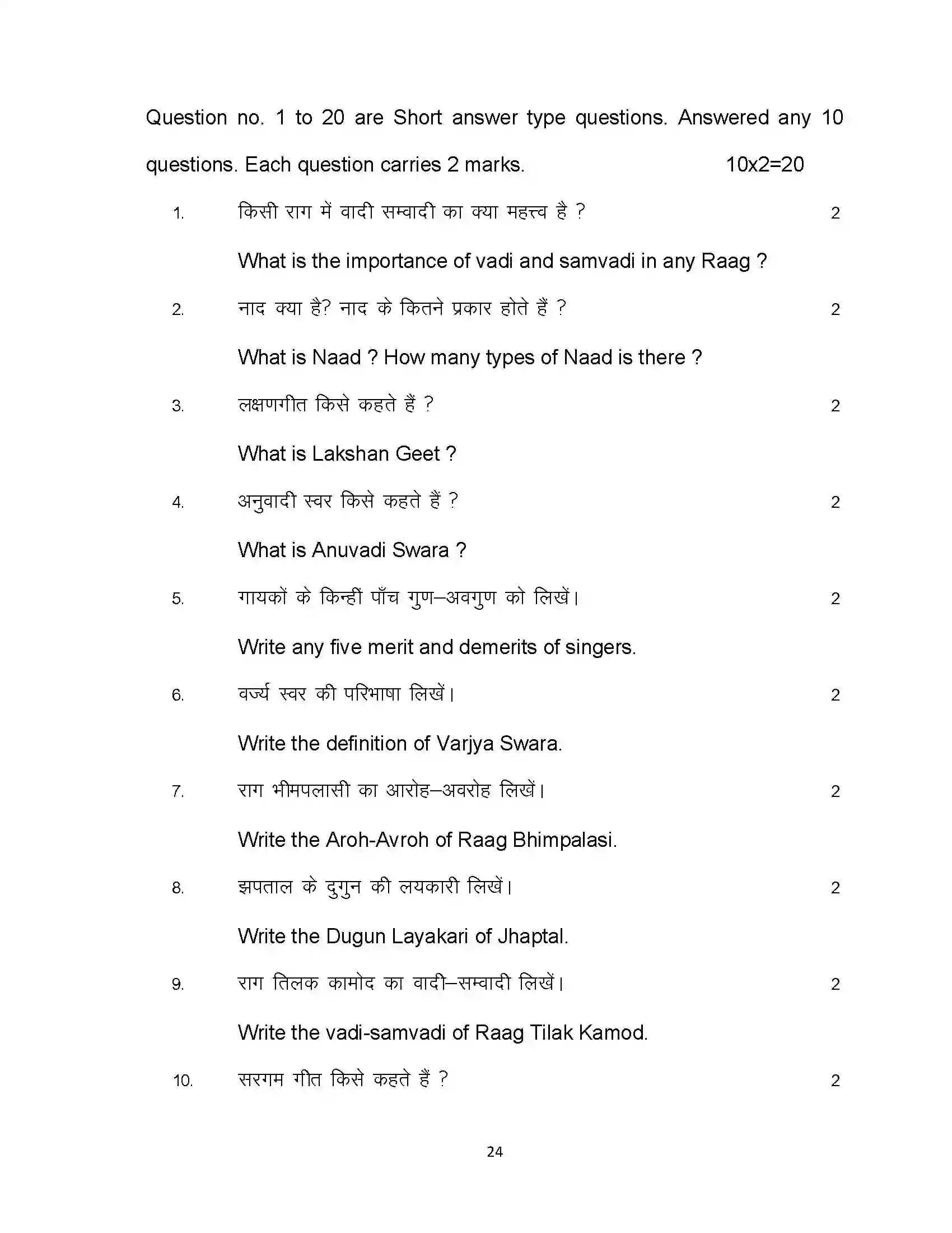 Bihar Board Class 12th 2021 Music Sample Paper 24