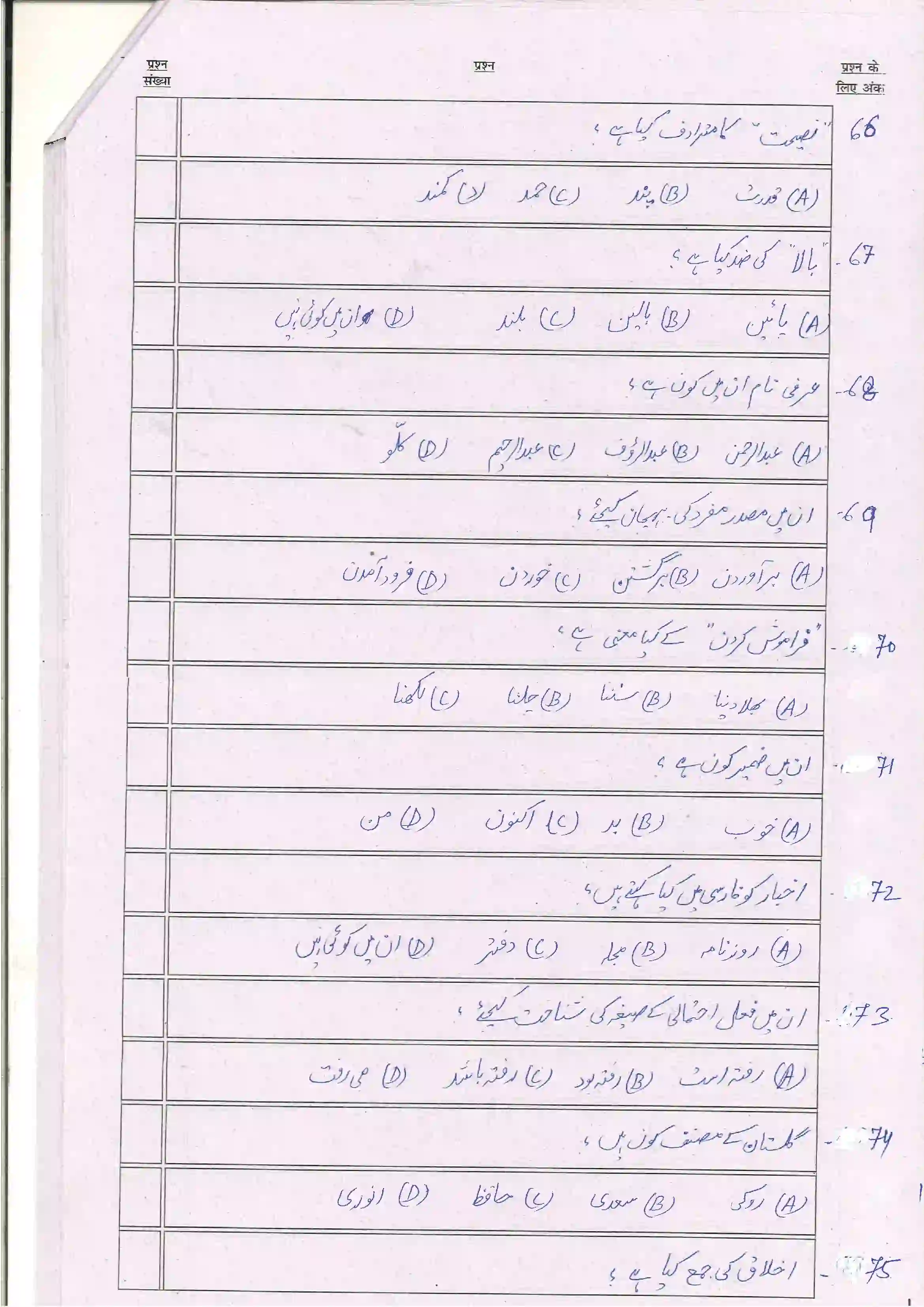 Bihar Board Class 12th 2024 Persion Sample Paper 10