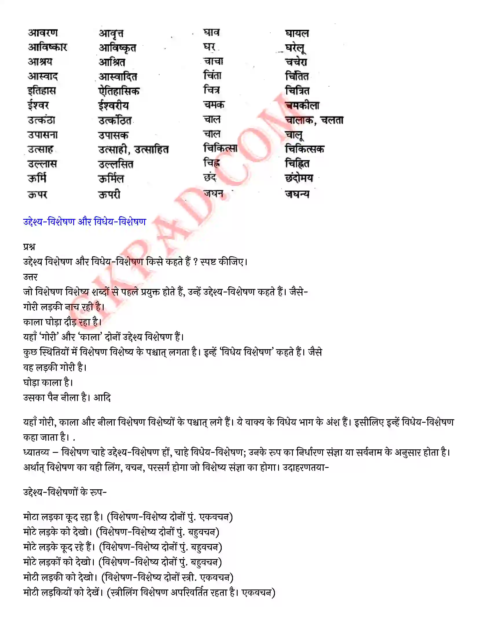 Bihar Board Class 10th Hindi (व्याकरण एवं रचना) विशेषण और क्रिया विशेषण) Solution 7