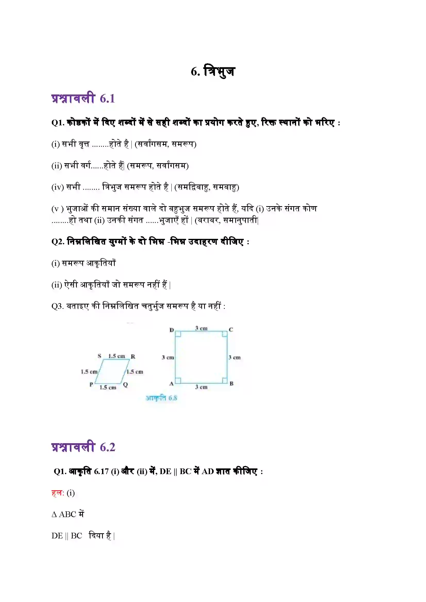 Bihar Board Class 10th Maths (गणित) Chapter 6 (त्रिभुज) Solution 1