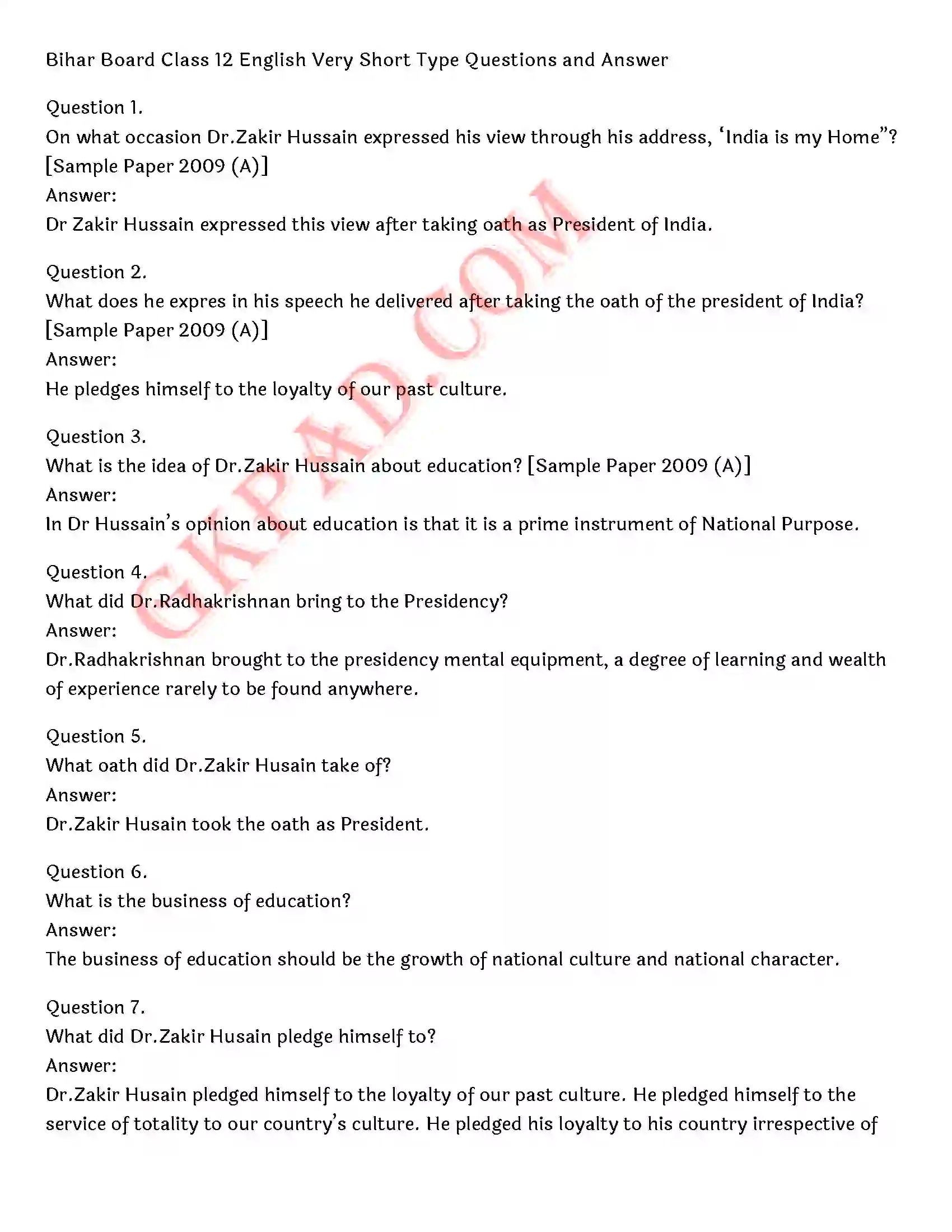 Bihar Board Class 12th English (Rainbow Part 2 Prose) Chapter 2 Bharat is My Home) Solution 2