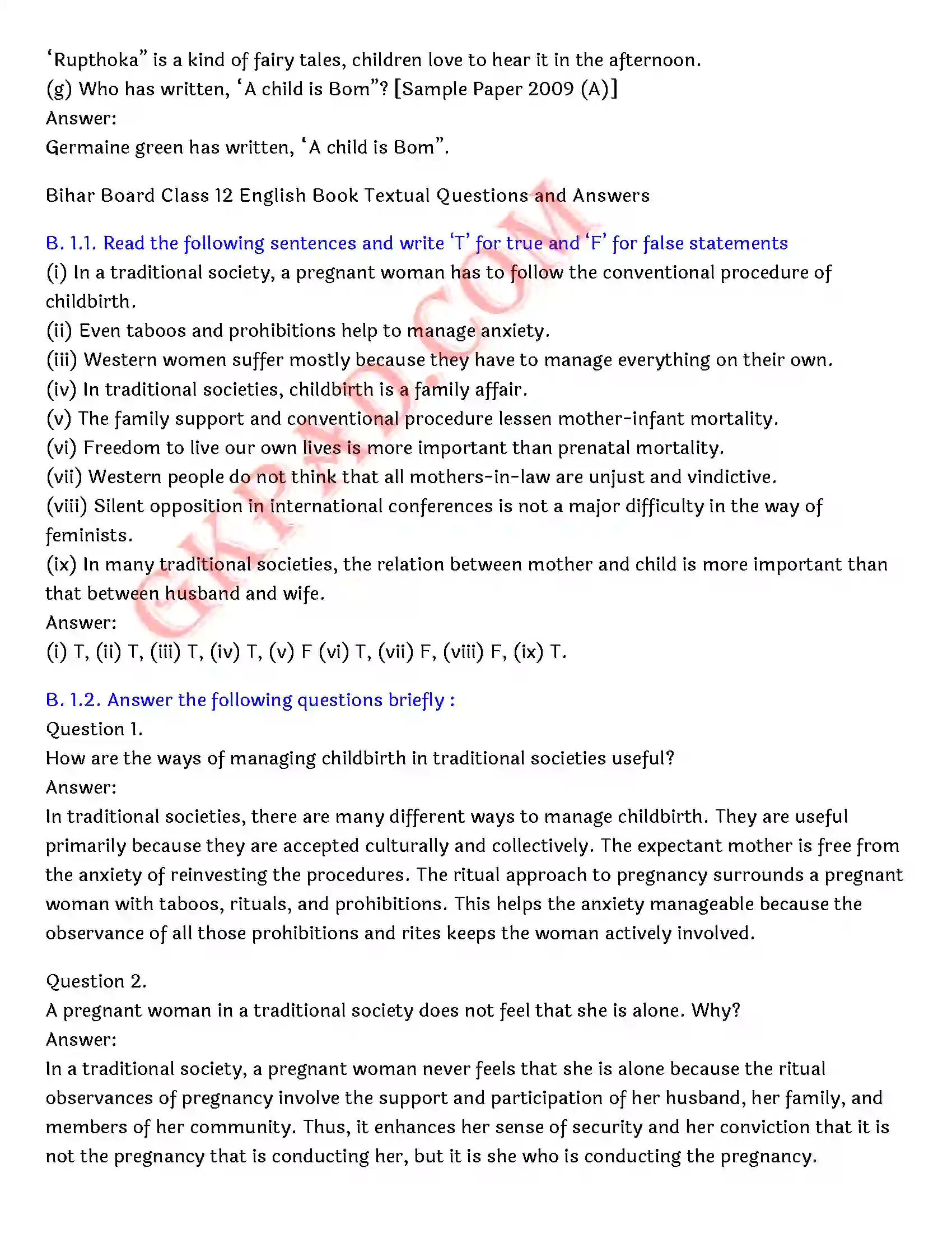 Bihar Board Class 12th English (Rainbow Part 2 Prose) Chapter 7 A Child Born) Solution 3