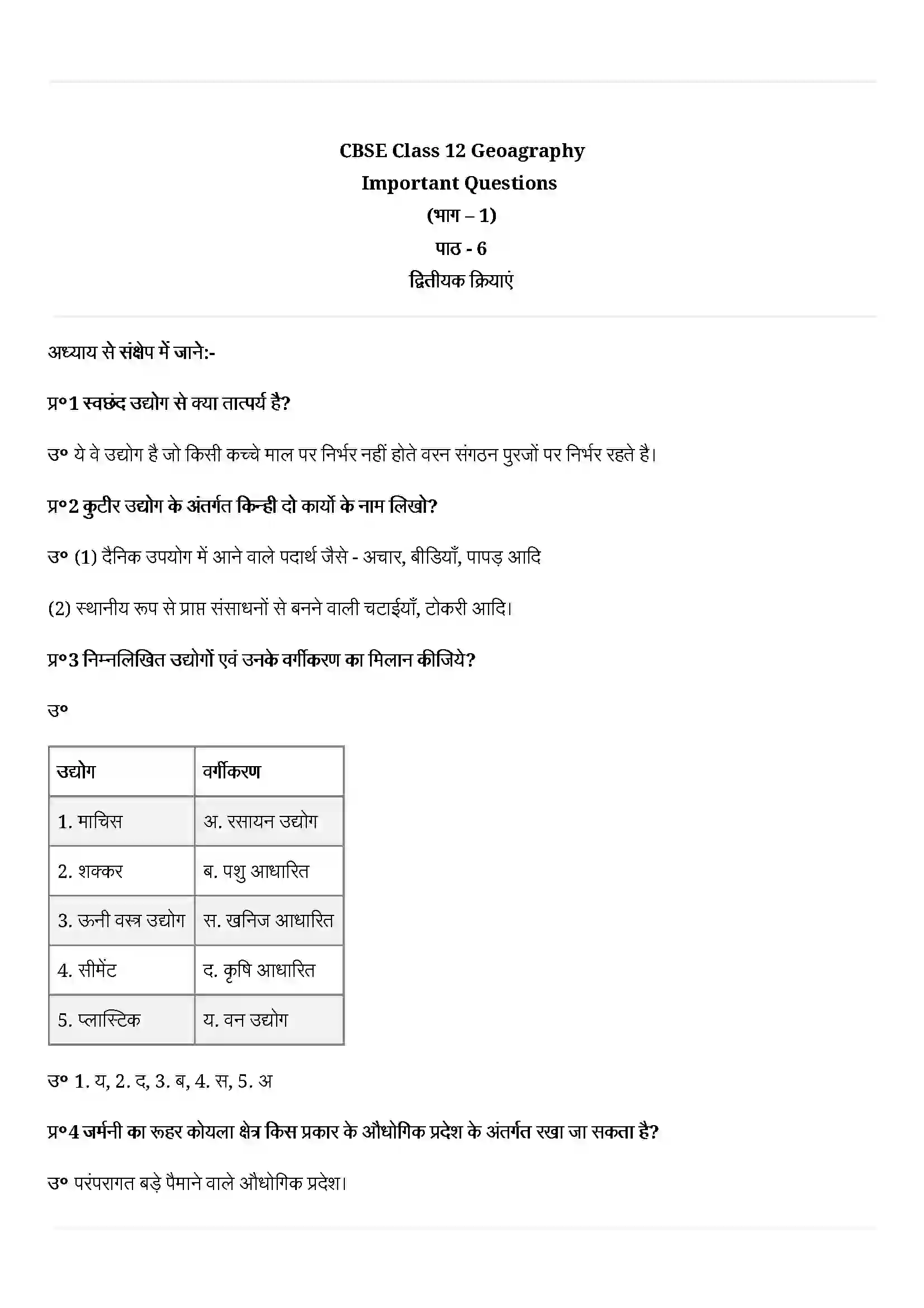 Bihar Board Class 12th Geography (मानव भूगोल के मिल सिद्धांत) Chapter 6 (द्वितीयक क्रियाएँ) Solution 1