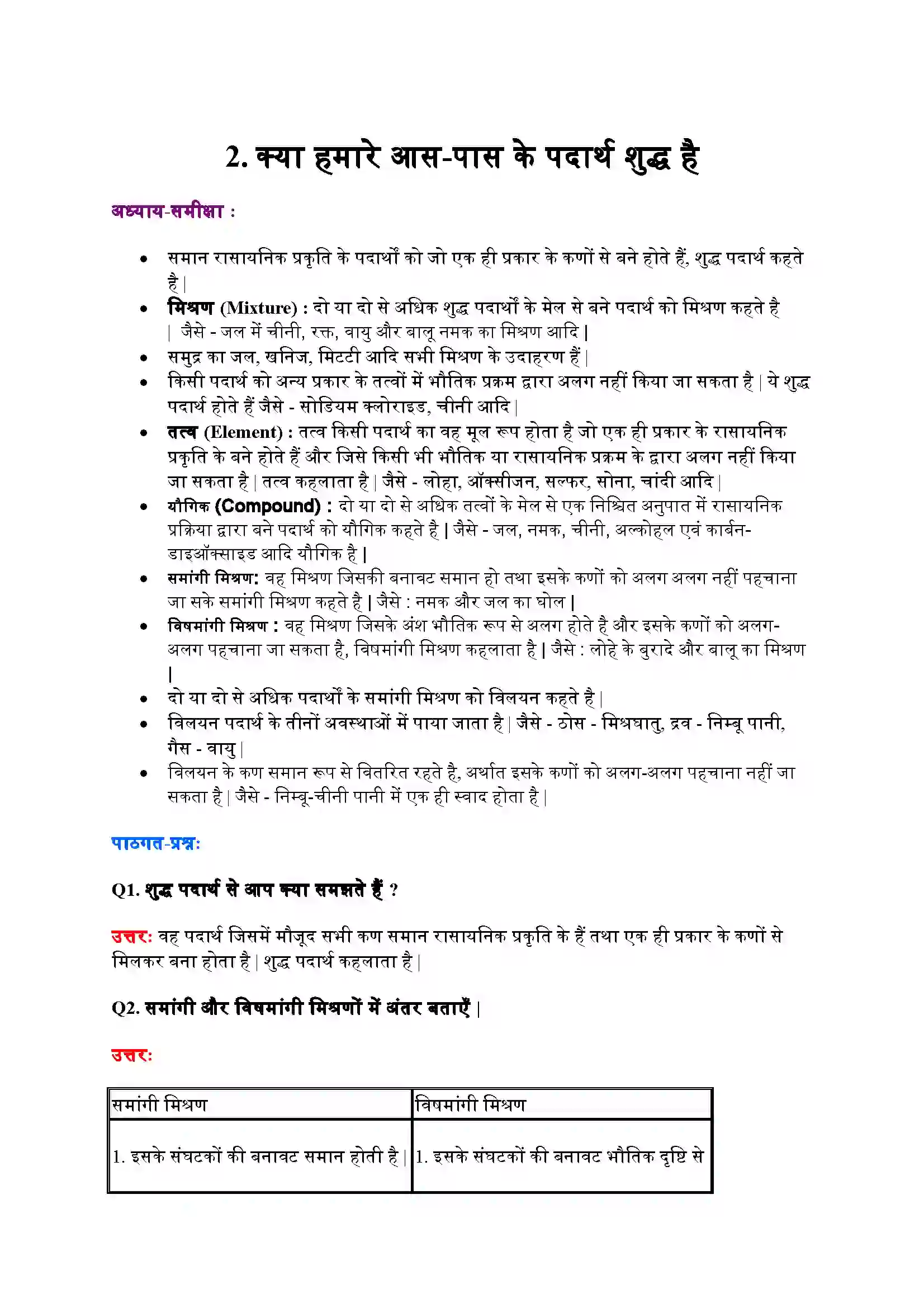 Bihar Board Class 9th Science (विज्ञान) Chapter 2 (क्या हमारे आस(पास के पदार्थ शुद्ध हैं) Solution 1