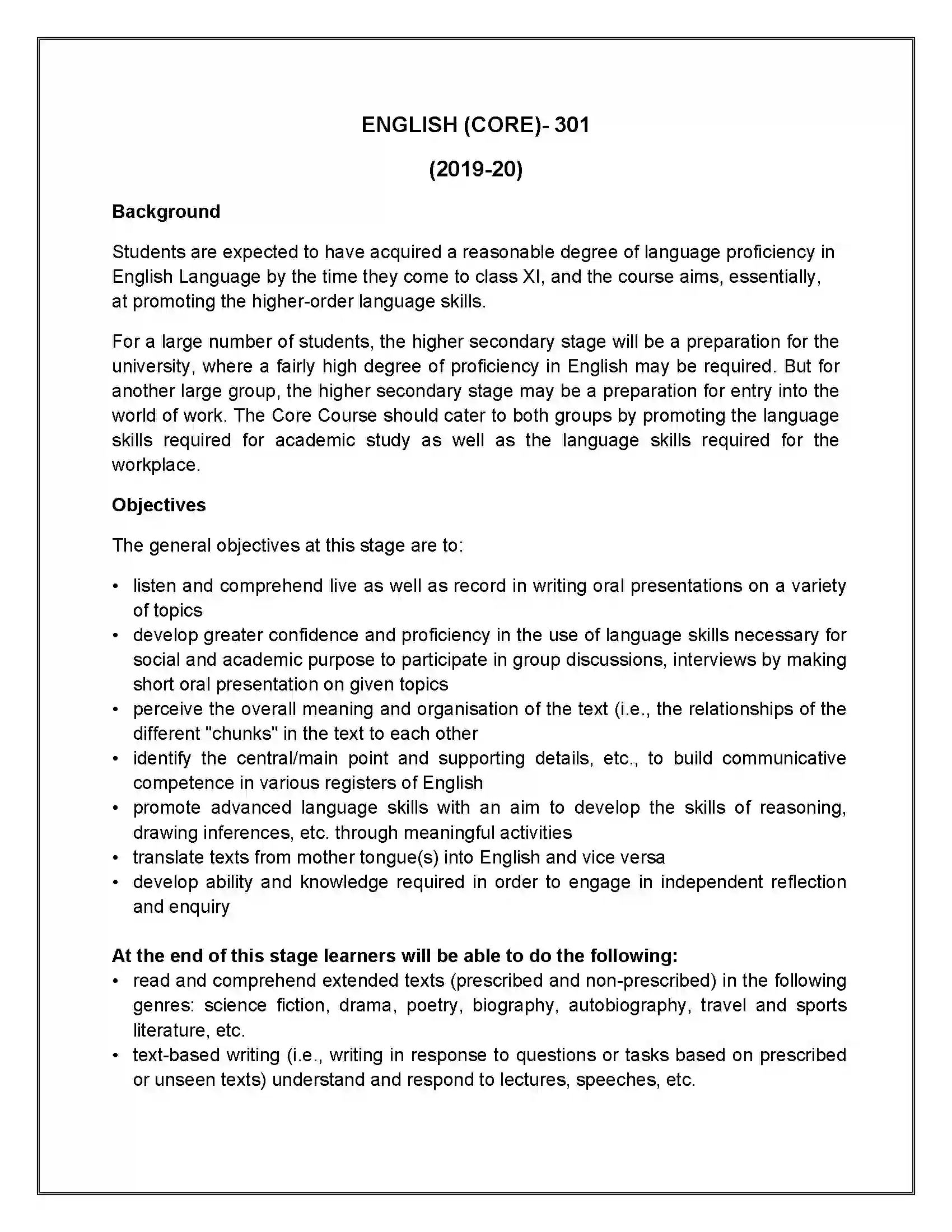 Bihar Board Class 12th 2020 English Core Syllabus 1