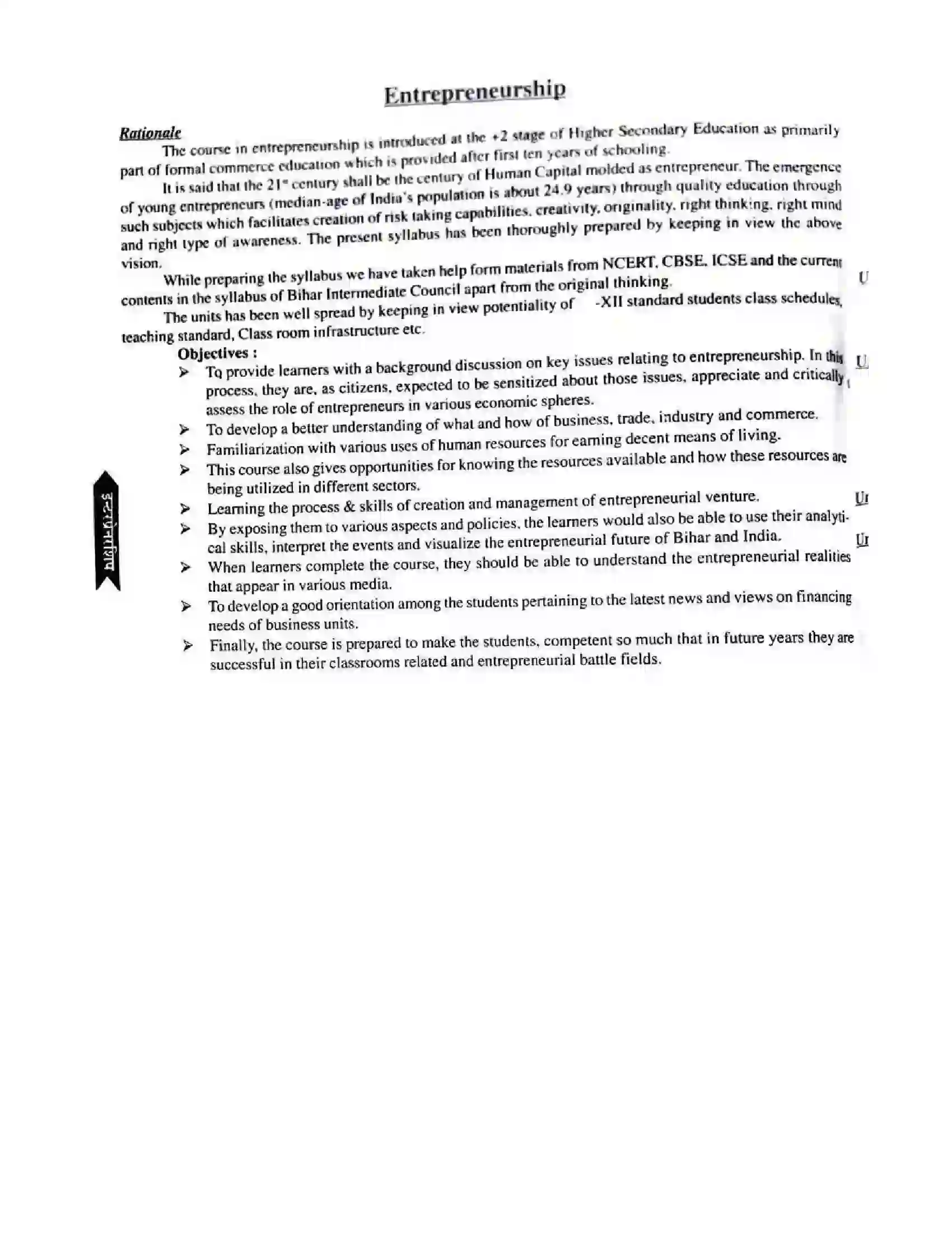 Bihar Board Class 12th 2025-26 Entrepreneurship Syllabus 1